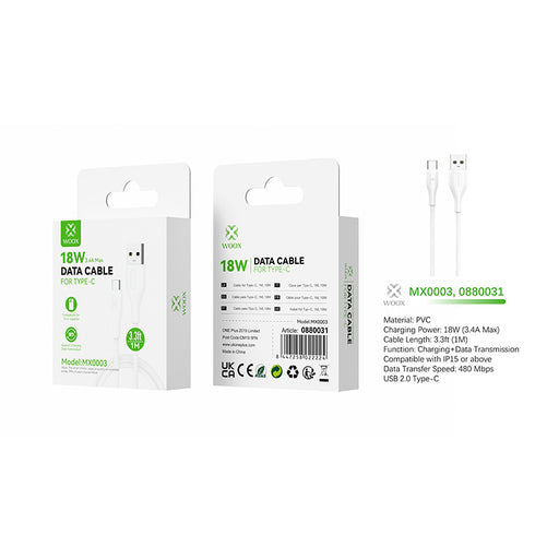 WOOX USB-A to USB-C Fast Charging Cable – 18W, 1 Metre (White)