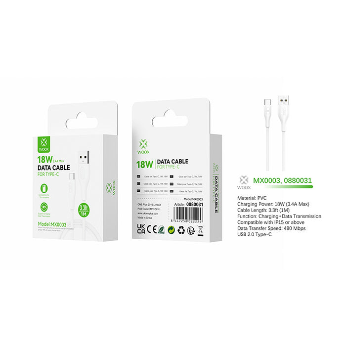 WOOX USB-A to USB-C Fast Charging Cable – 18W, 1 Metre (White)