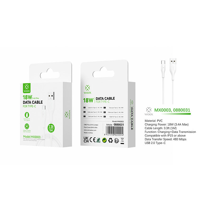 WOOX USB-A to USB-C Fast Charging Cable – 18W, 1 Metre (White)