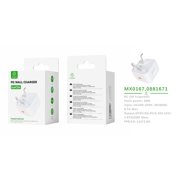 WOOX 20W USB-C PD Wall Charger – GaN Fast Charging Plug (UK)