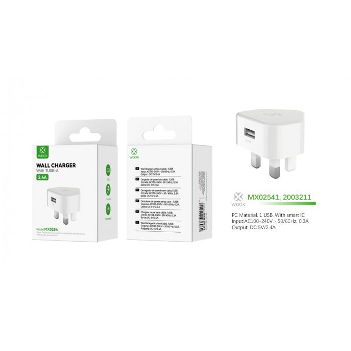 WOOX 2.4A USB Wall Charger – Single USB-A Mains Charger (UK)