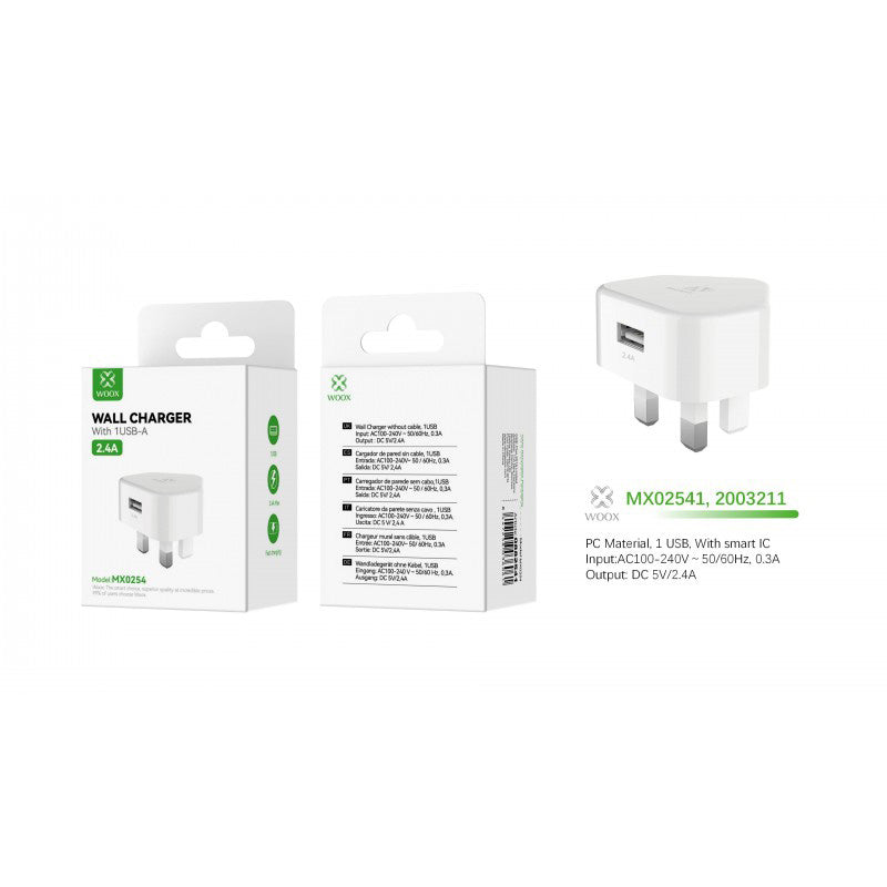 WOOX 2.4A USB Wall Charger – Single USB-A Mains Charger (UK)