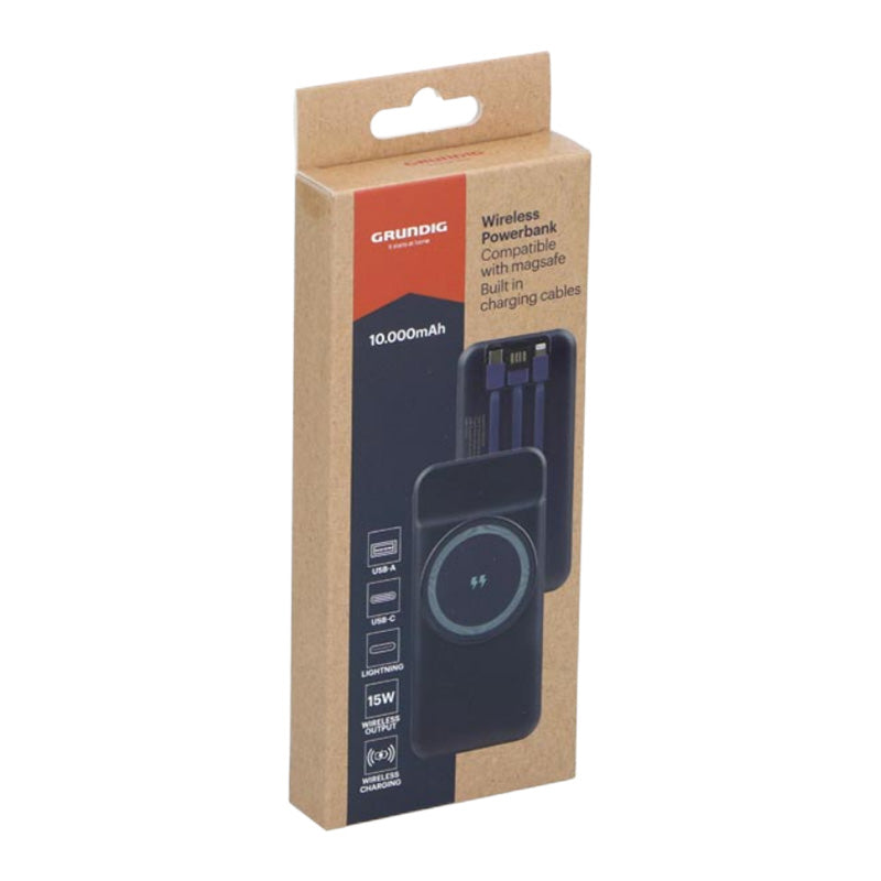 Grundig 10,000mAh Wireless Power Bank with Built-in Cables